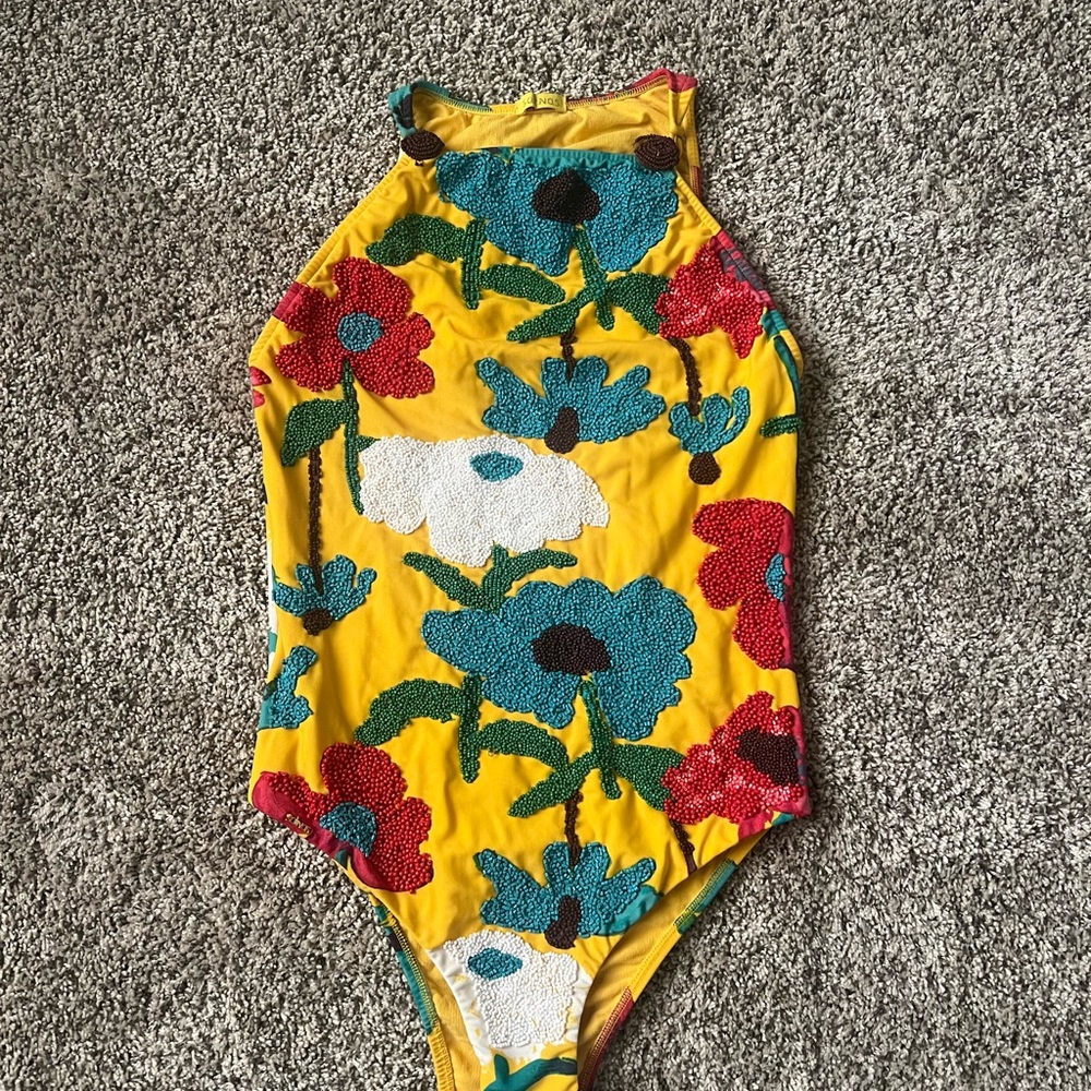 Anthropologie Salinas Beaded Tropics Floral Swimsuit  One Piece Halter
